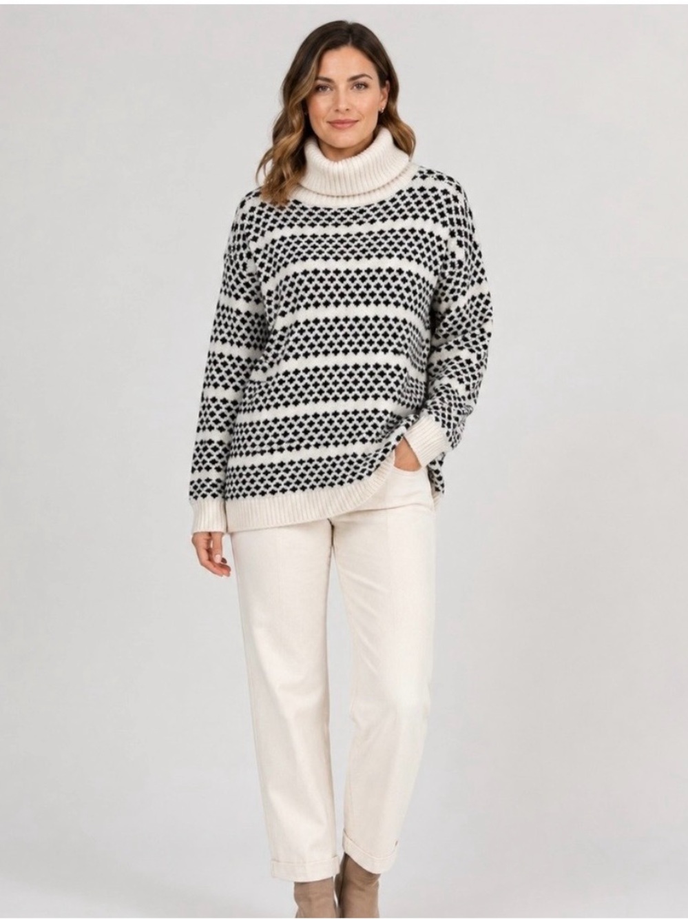 Ann Taylor sweater size large geo striped tunic turtleneck wool blend career